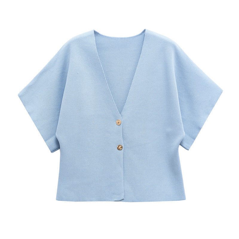 European And American Fashion Women's Wear Elegant Cardigan Plain Stitch Short Sleeve V-neck Casual Simple Knitting Top