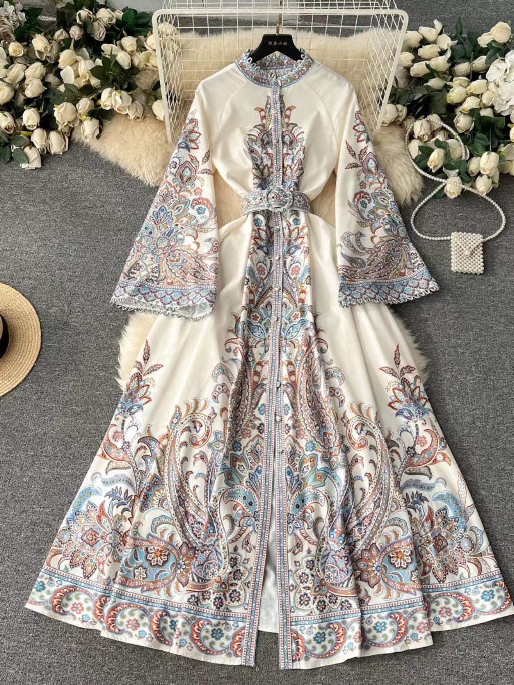 Vintage Printed Round Neck Bell Sleeve Mid-Length Elegant Dress