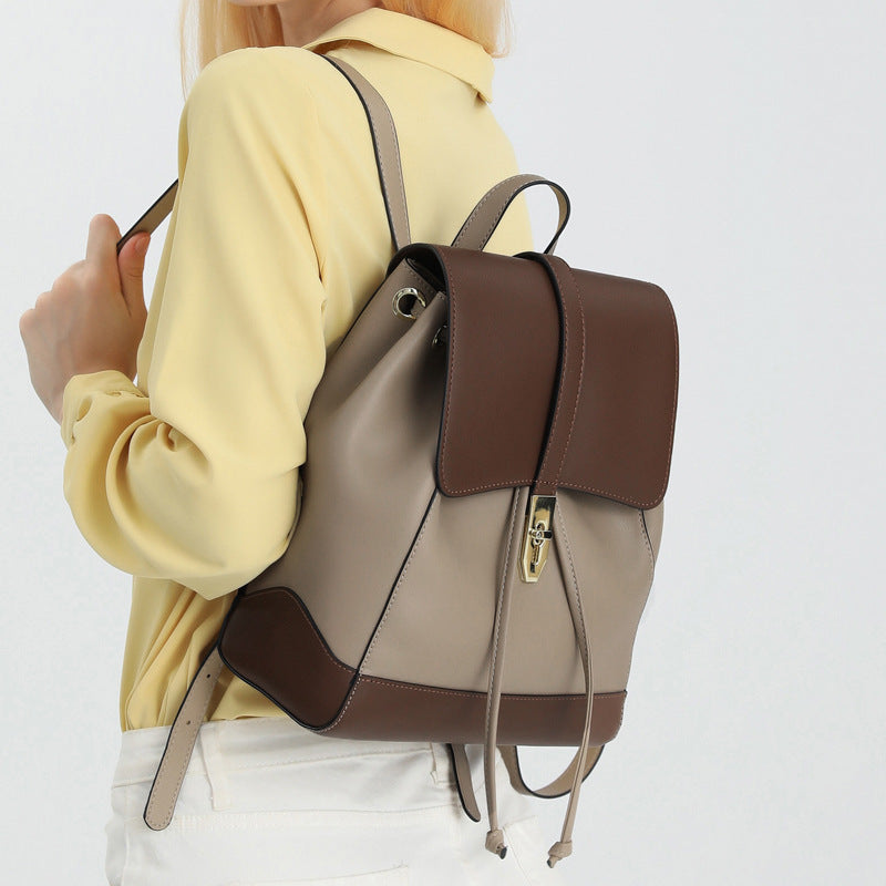 Sac à dos personnalisé en cuir véritable pour femme 30x25x12cm Kaki Café Marron
