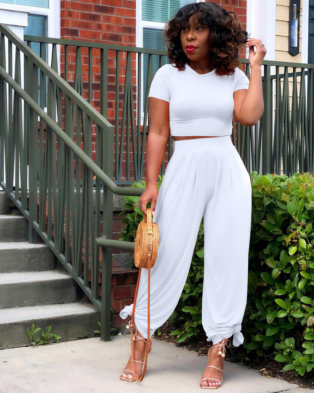 Solid Color Midriff Bell-Bottom Pants Casual Suit for Women