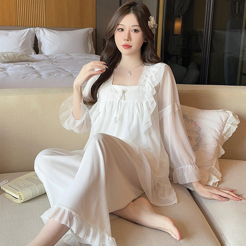 Ensemble de pyjama en polyester ample à col carré et dentelle, Tailles M-XXL