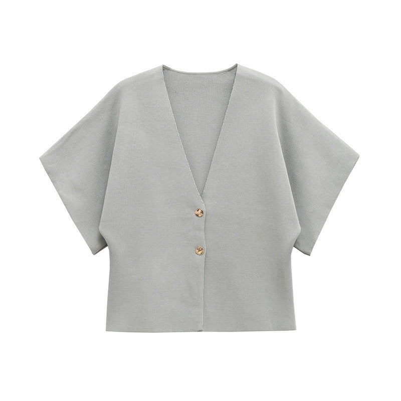 European And American Fashion Women's Wear Elegant Cardigan Plain Stitch Short Sleeve V-neck Casual Simple Knitting Top