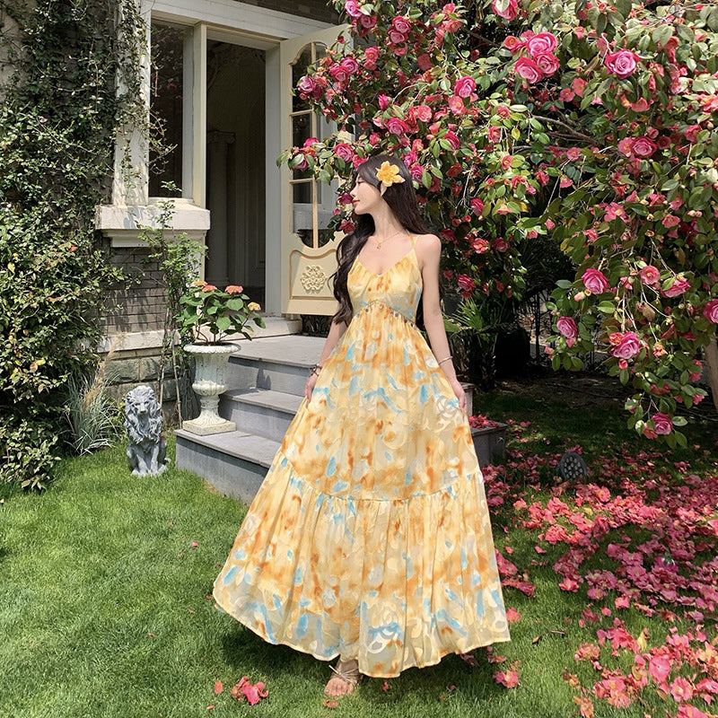 Yellow Fairy Ruffled Spaghetti Strap Dress, A-Line Vacation Style