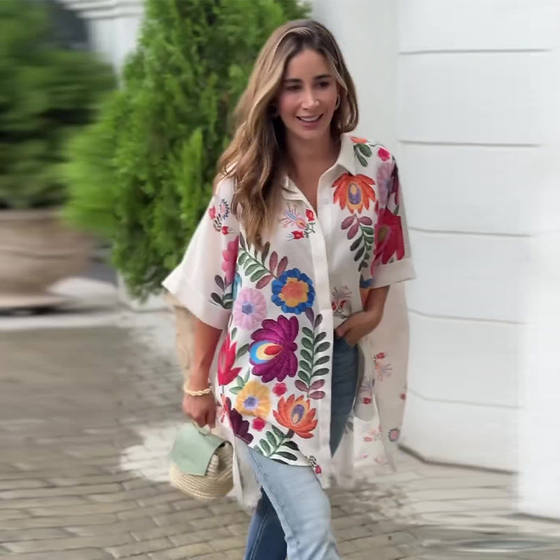 White Floral Irregular Long Sleeve Slim Shirt for Women