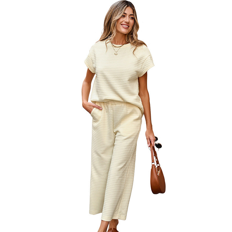 Ensemble deux pièces décontracté femme texturé couleur unie