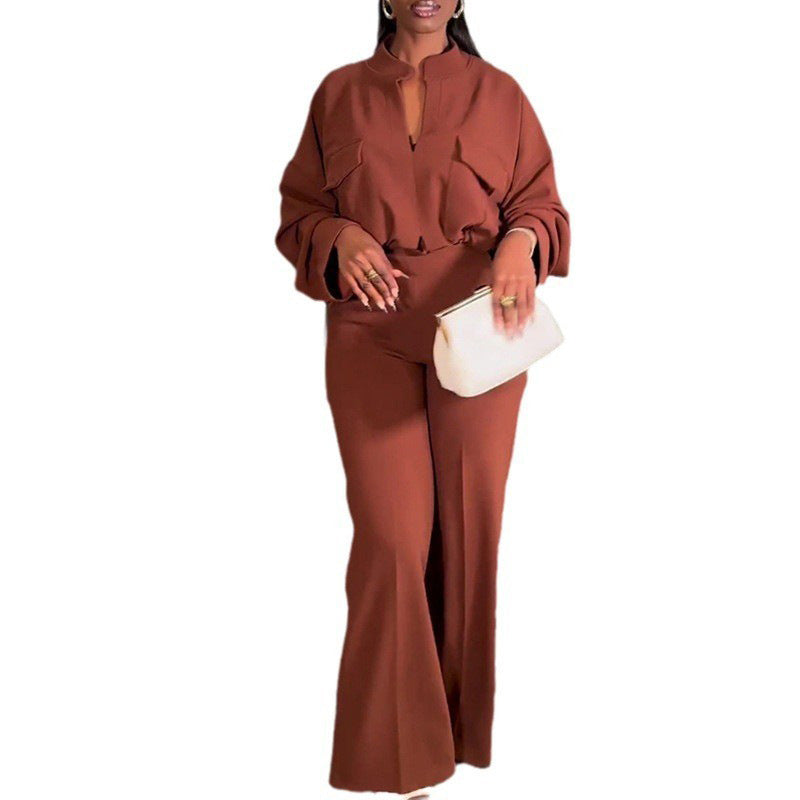 Casual V-Neck Long Sleeve Top & Wide-Leg Trousers Suit in Light Brown & Purple