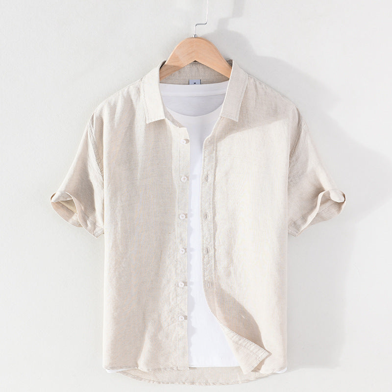 Chemise Homme Coton Lin Manches Courtes Col Carré Coupe Ajustée