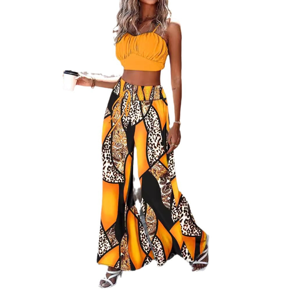 طقم بنطلون واسع الساق برباط مطبوع من قطعتين صيفي للمسافرين