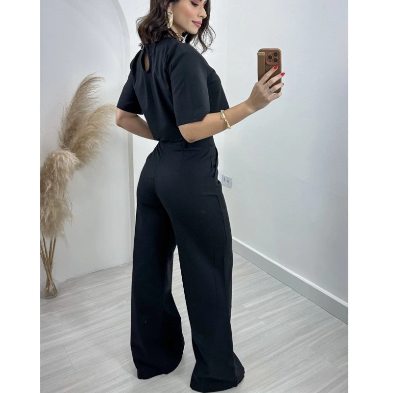 Fashion Cotton And Linen Short Top High Waist Wide Leg Pants Suit