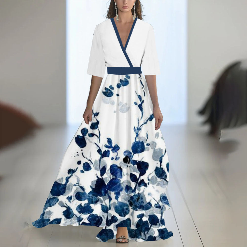 Printed Long Sleeve V-Neck Patchwork Dress with Belt