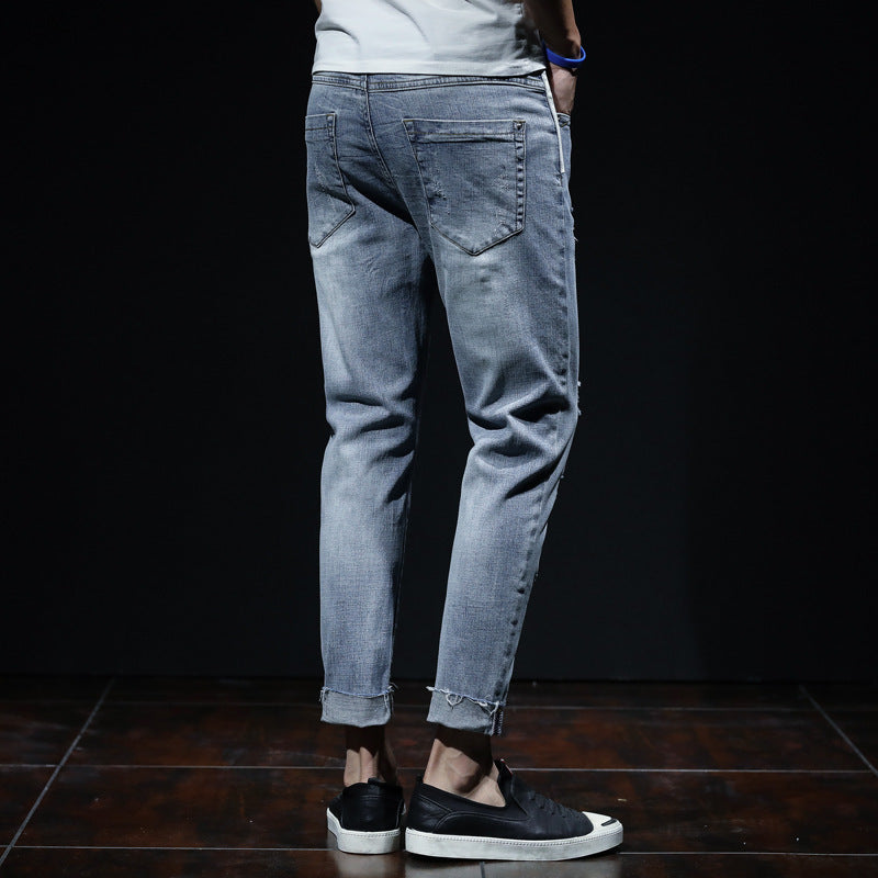 Light Blue Ripped Elastic Small Leg Straight Jeans for Youth