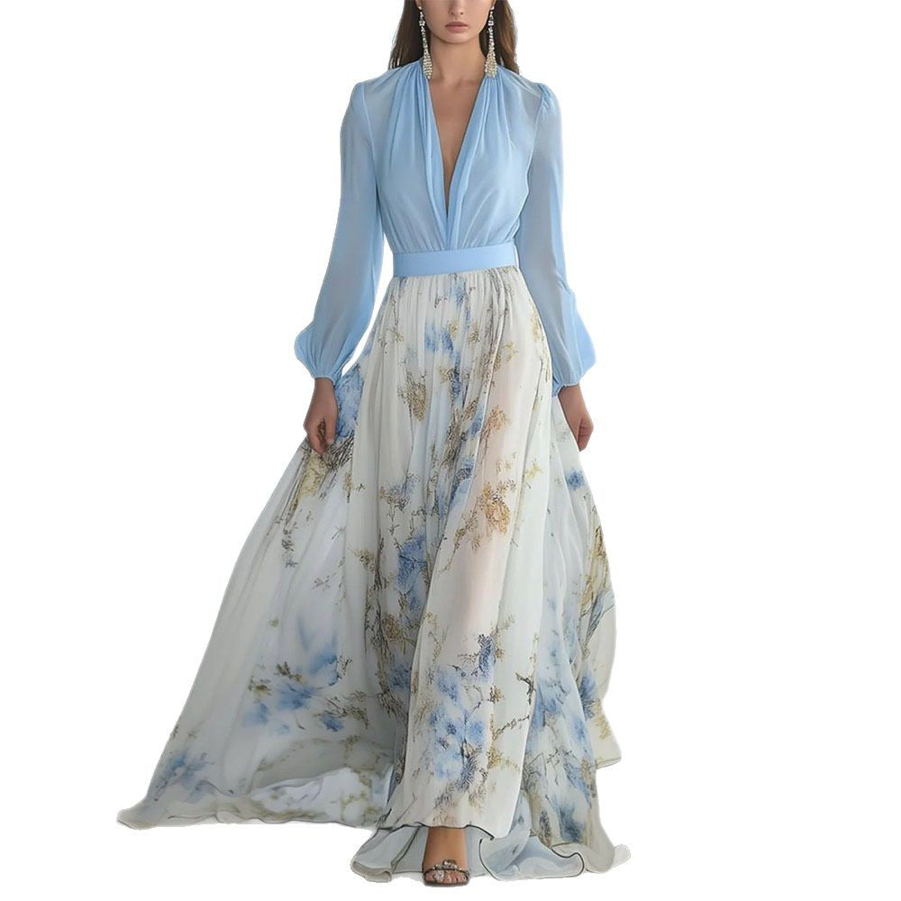 Printed Long Sleeve V-Neck Patchwork Dress with Belt