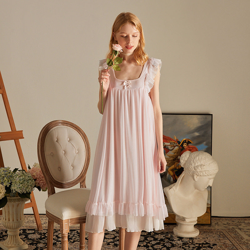 French Royal Style Summer Thin Sleeveless Nightdress Lace Princess White Pullover Pajamas Home Skirt Princess Dress