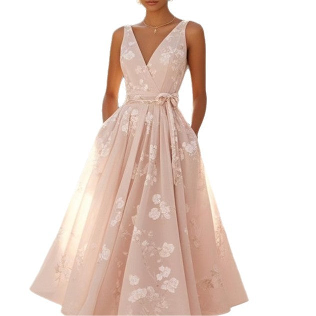 Robe trapèze sans manches à col en V et imprimé numérique pour femme