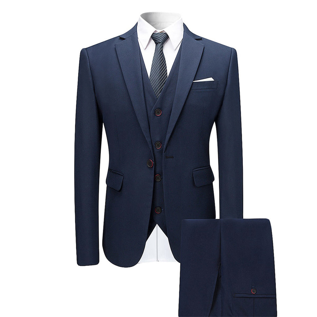 Men's Slim Fit Three-Piece Suit Navy Blue Black Dark Gray Polyester