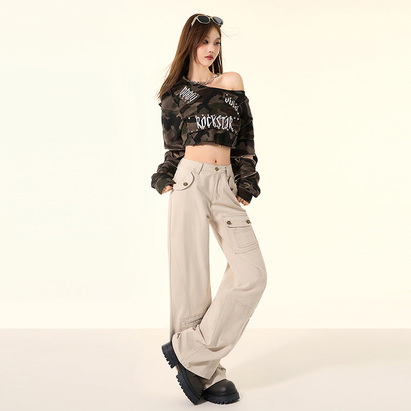 High Waist Khaki Denim Wide Leg Jeans