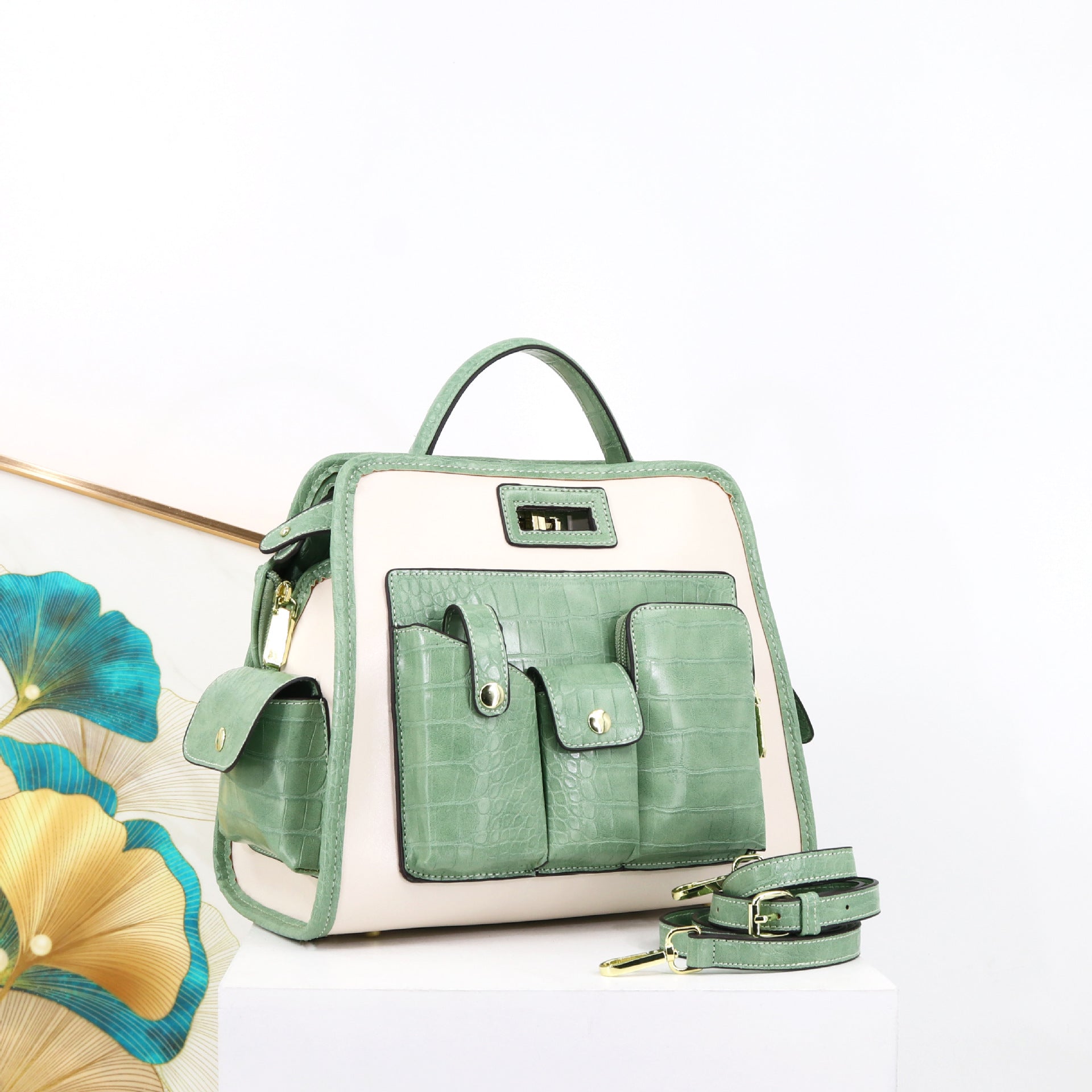 Textured Crocodile Pattern PU Polyester Handbag 33x24x17cm