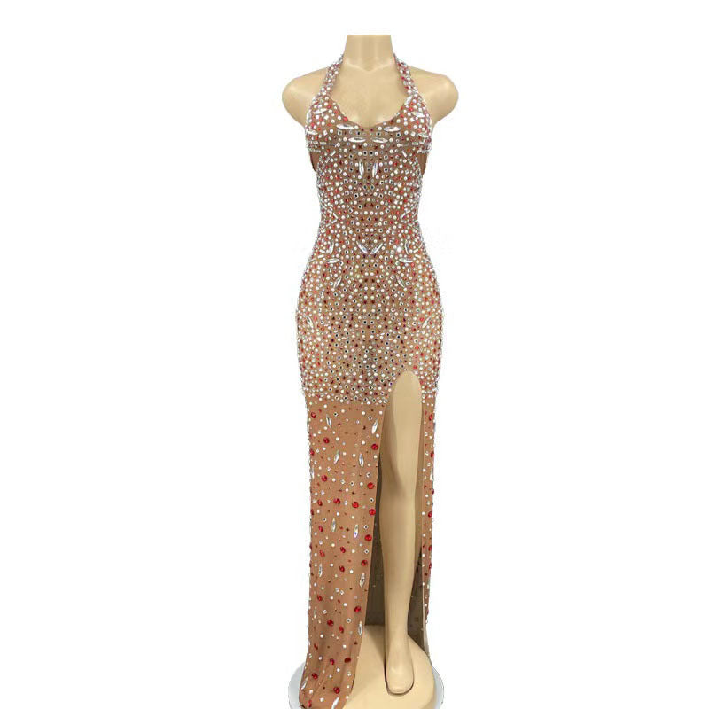 Robe de bal dos nu élégante en strass et paillettes de cristal en élasthanne