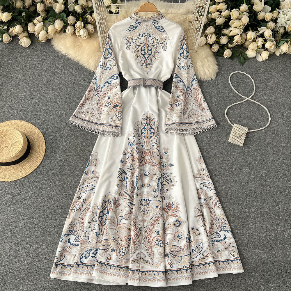 Vintage Printed Round Neck Bell Sleeve Mid-Length Elegant Dress