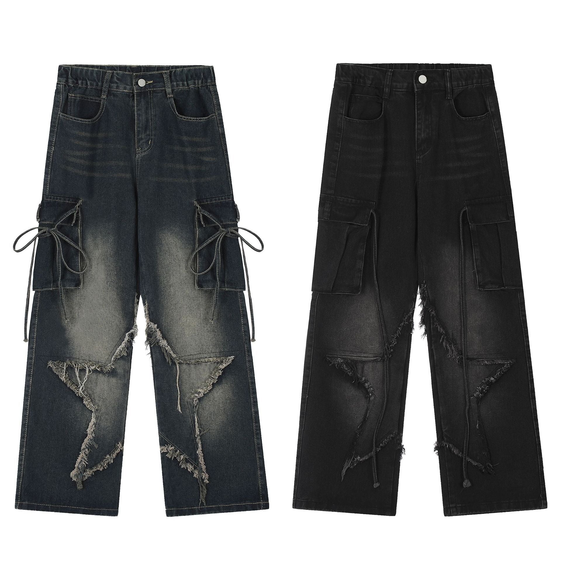 Spring Autumn American Retro Women's Multi-Pocket Wide Leg Jeans