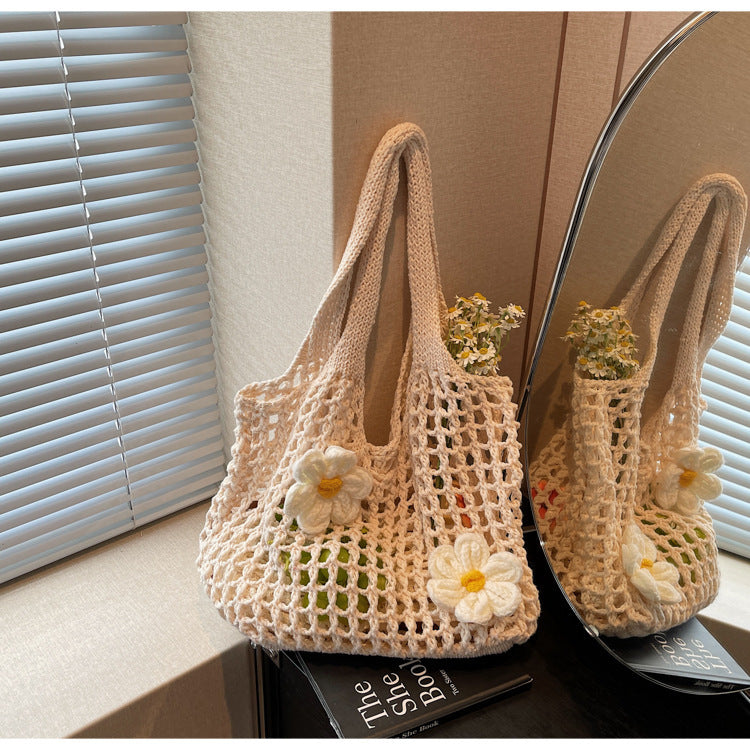 Knitted Woven Mesh Flower Handbag Large Capacity Versatile Shoulder Bag