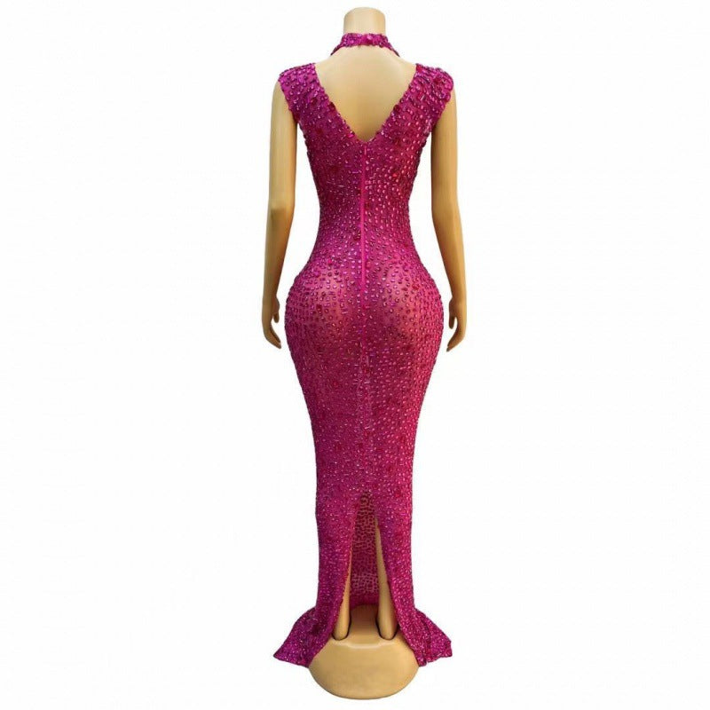 Slim Shiny Rhinestone Rose Red Birthday Party Dress