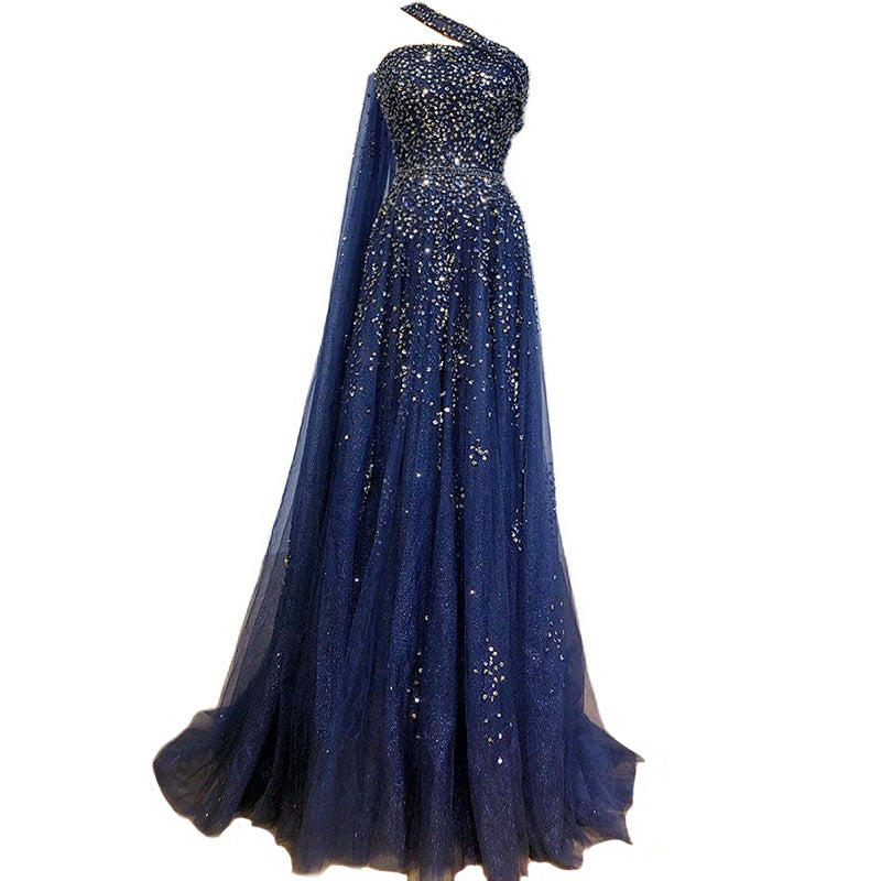 Women's Elegant Strapless Dress in Dark Blue, Water Blue & Gold