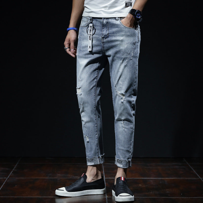 Light Blue Ripped Elastic Small Leg Straight Jeans for Youth