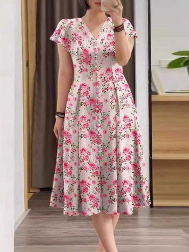 Floral Button-Front Short Sleeve A-Line Dress for Women