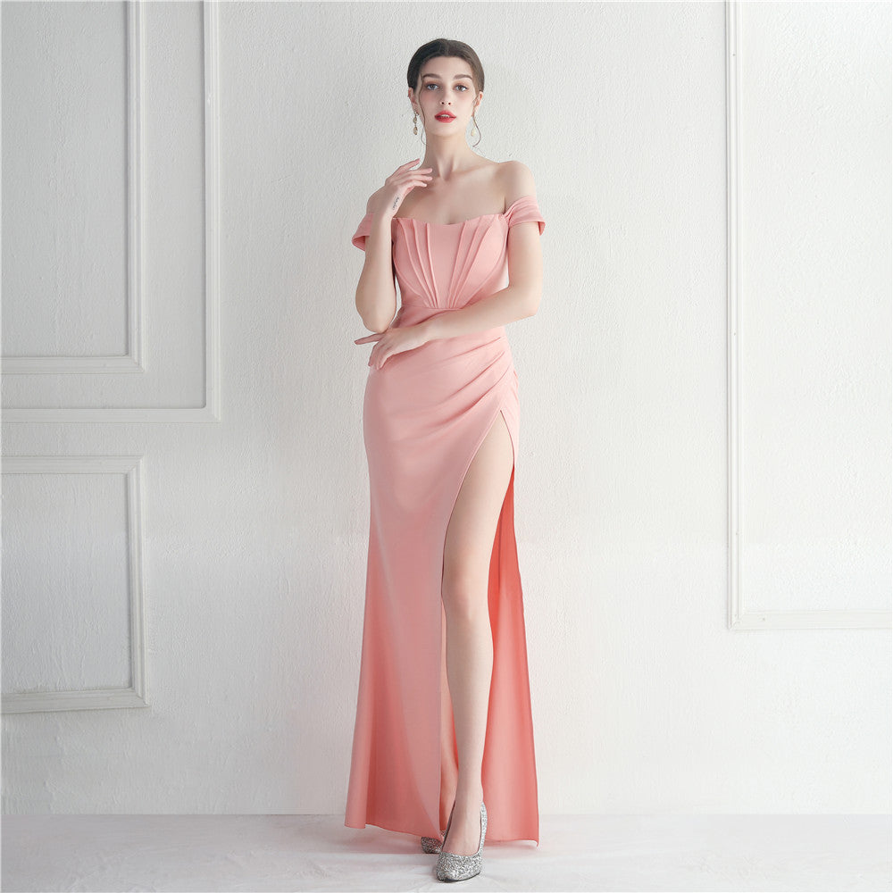 Female Solid Color Off Shoulder One Neck Slit Dress