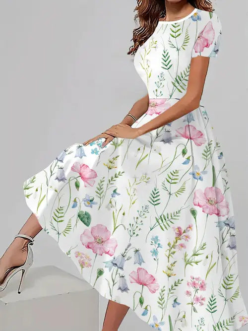 Trendy Casual All-matching Floral Pattern Short Sleeve Round Neck Dress
