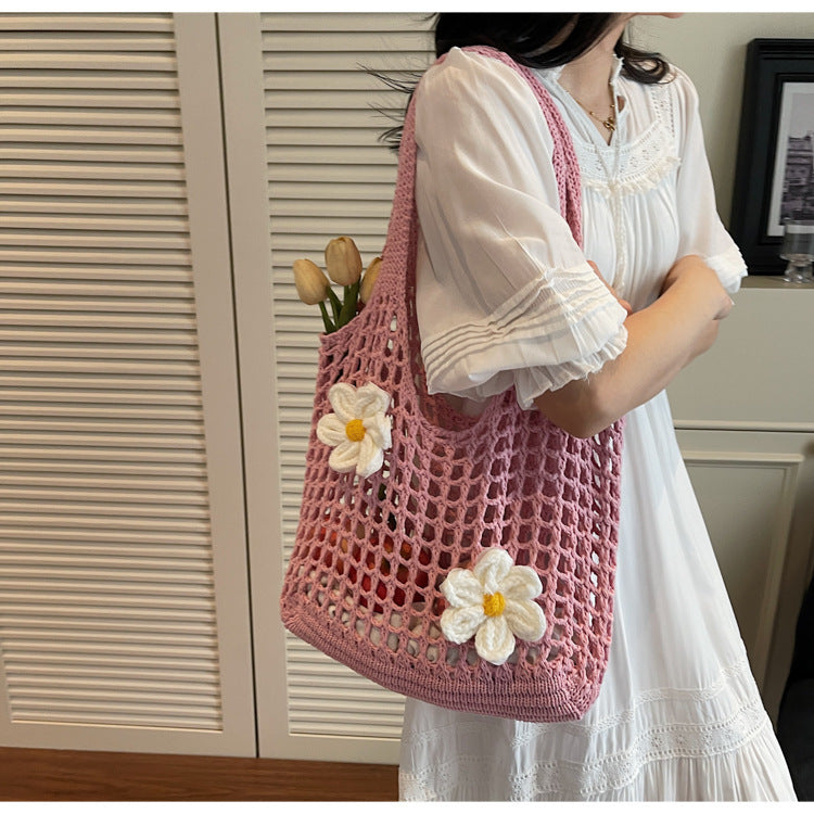 Knitted Handbag Woven Mesh Hollow Out Flower Large Capacity Versatile Shoulder Bag
