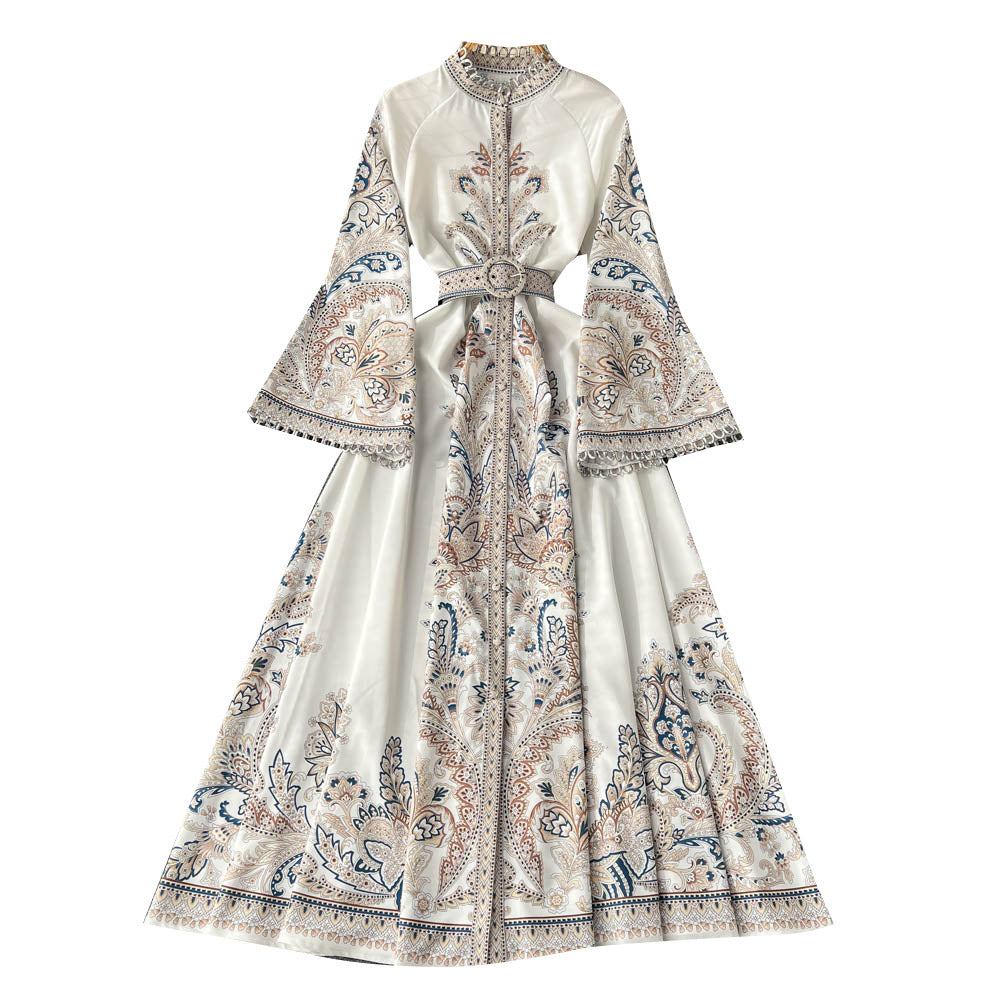 Vintage Printed Round Neck Bell Sleeve Mid-Length Elegant Dress