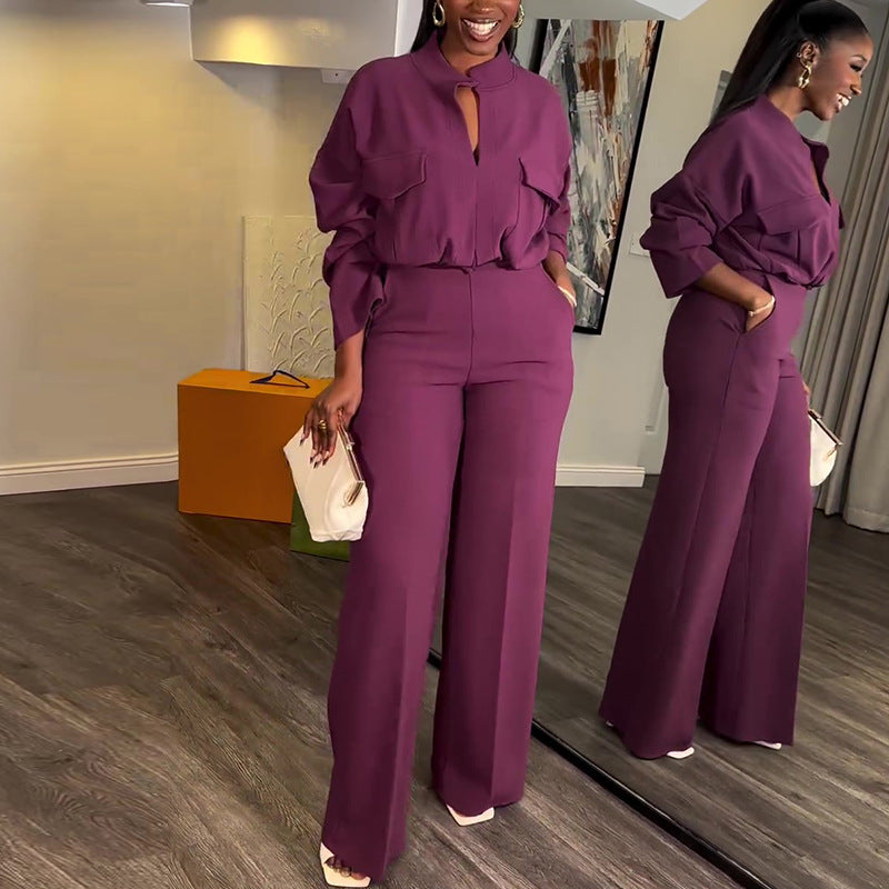 Casual V-Neck Long Sleeve Top & Wide-Leg Trousers Suit in Light Brown & Purple