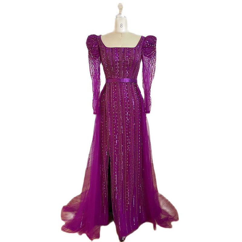 Rose Red Host Performance Evening Dress with Zipper, Long Sleeve, Tight Waist
