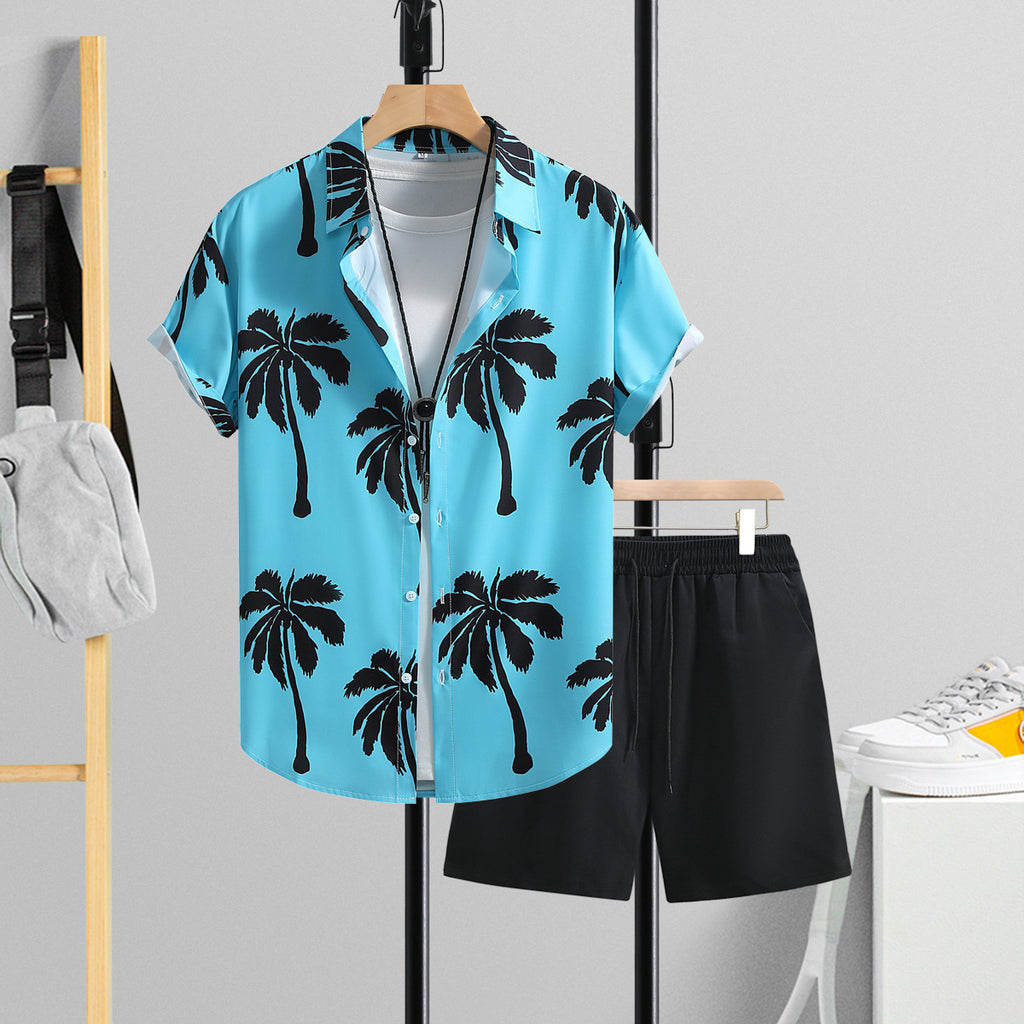Summer Men's Lake Blue Short-Sleeve Shirt and Pants Suit Polyester Fiber