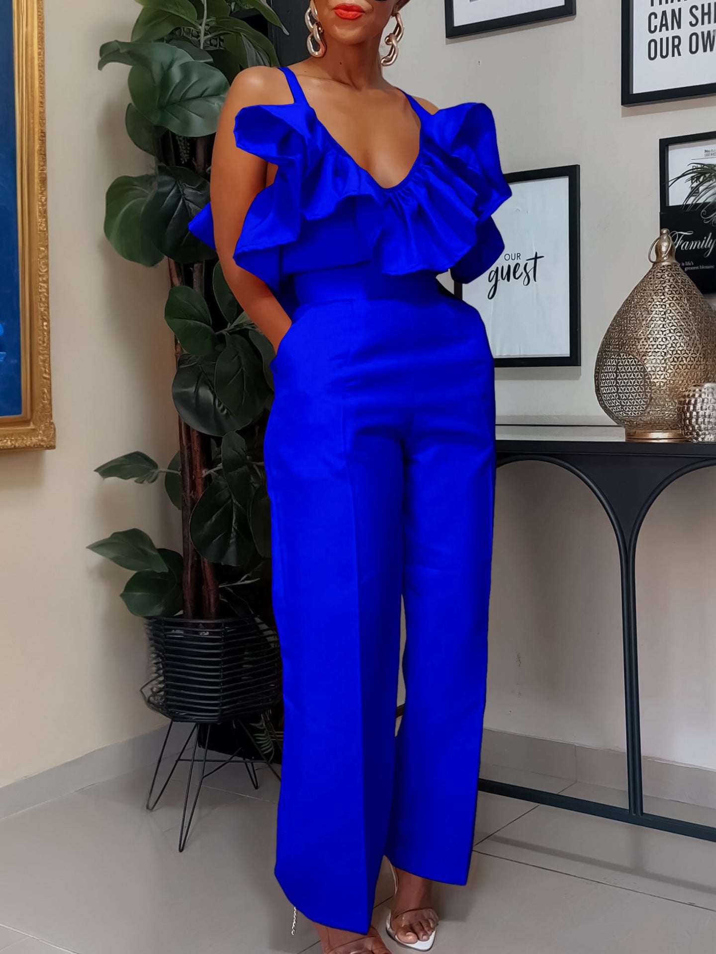 V-Neck Flounce Sling Top & High Waist Trousers Suit