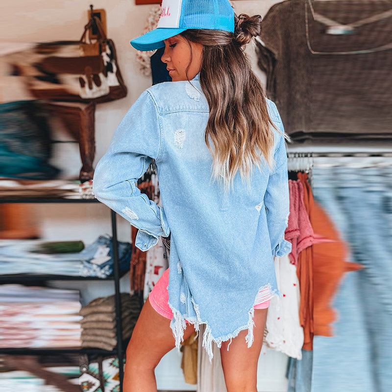 Retro Distressed Long Denim Coat For Women