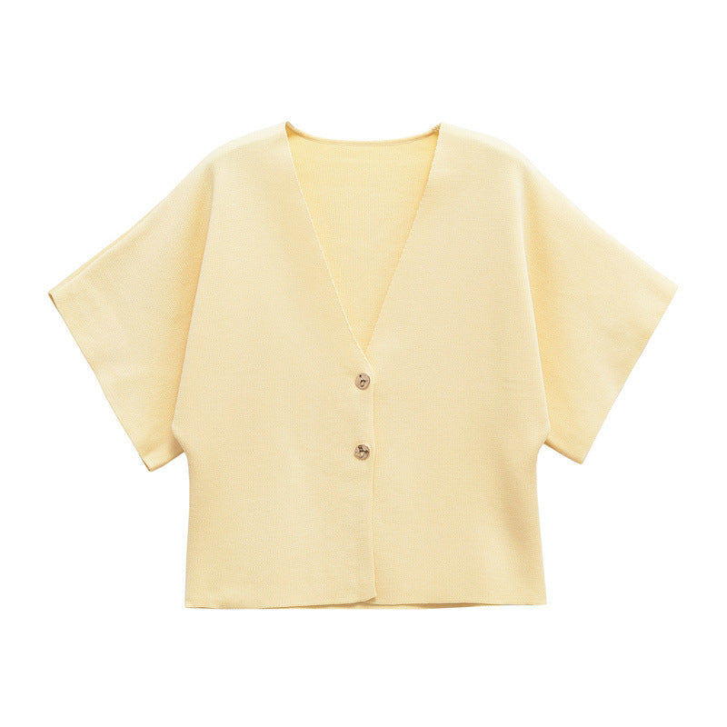 European And American Fashion Women's Wear Elegant Cardigan Plain Stitch Short Sleeve V-neck Casual Simple Knitting Top