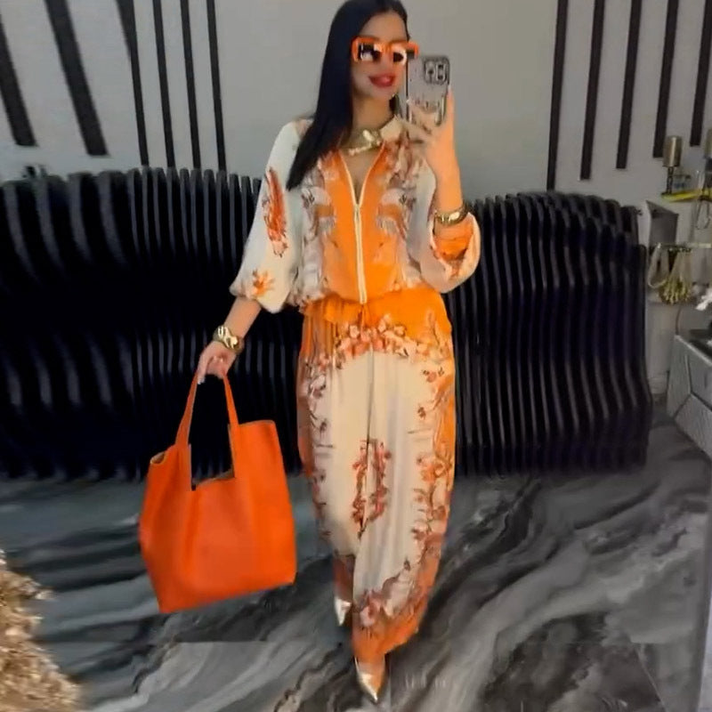 Three-dimensional Printed Flowers Baseball Drawstring Trousers Two-piece Set