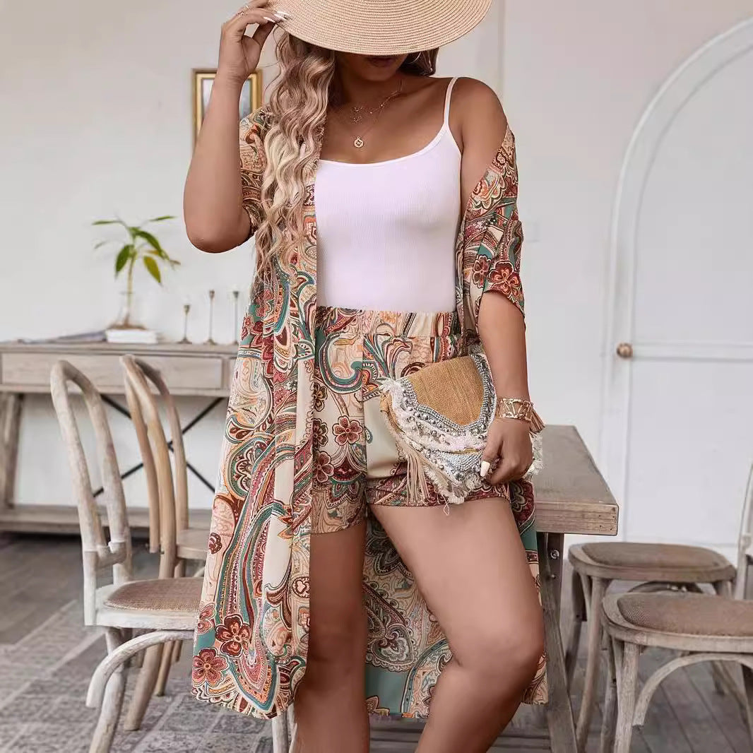 Ensemble deux pièces imprimé floral pour femme en polyester abricot, tailles L-5XL