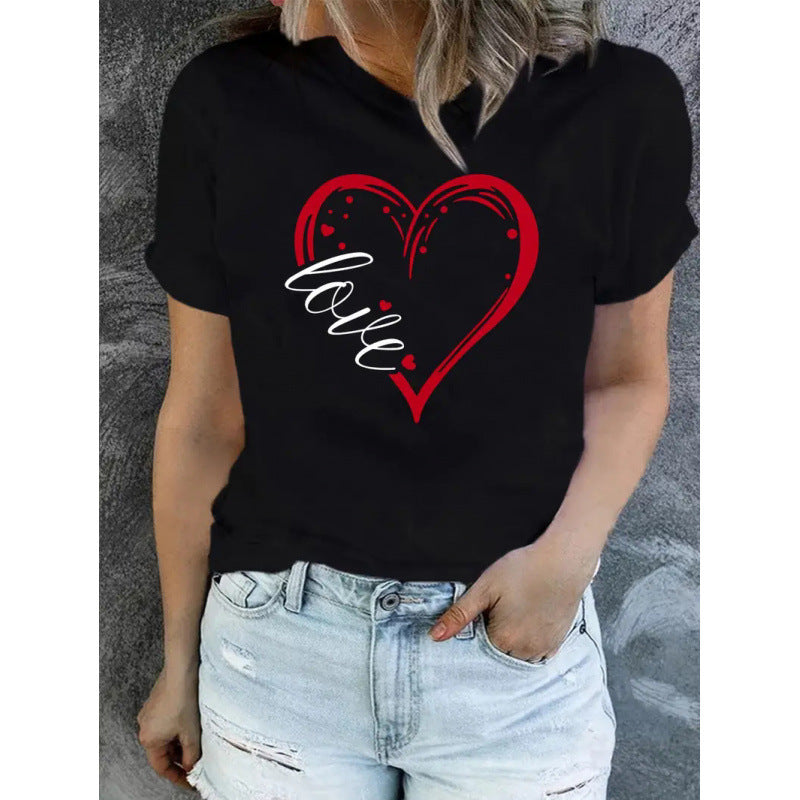 Women's Short Sleeve Valentine's Day Heart 3D Round Neck Top