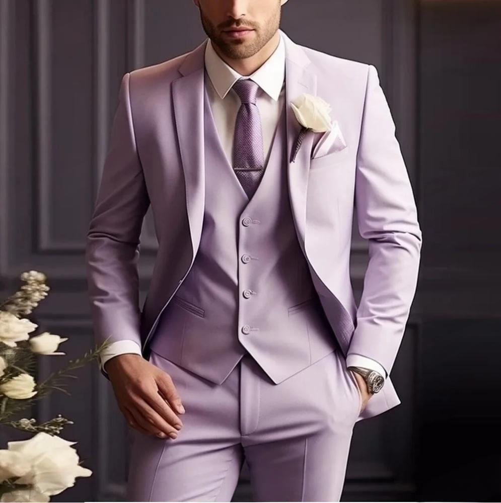 Men's Slim Fit Three-Piece Solid Color Suit Polyester Blend