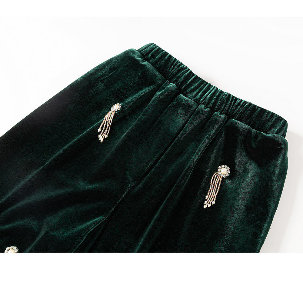 Women's Velvet Beads Suit Set in Dark Green & Black, Sizes S-XXL