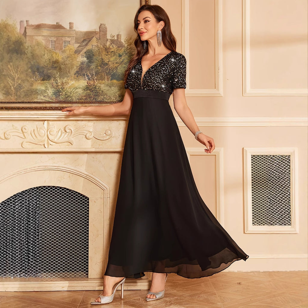 Robe longue à fines bretelles élégante noire à sequins pour femme