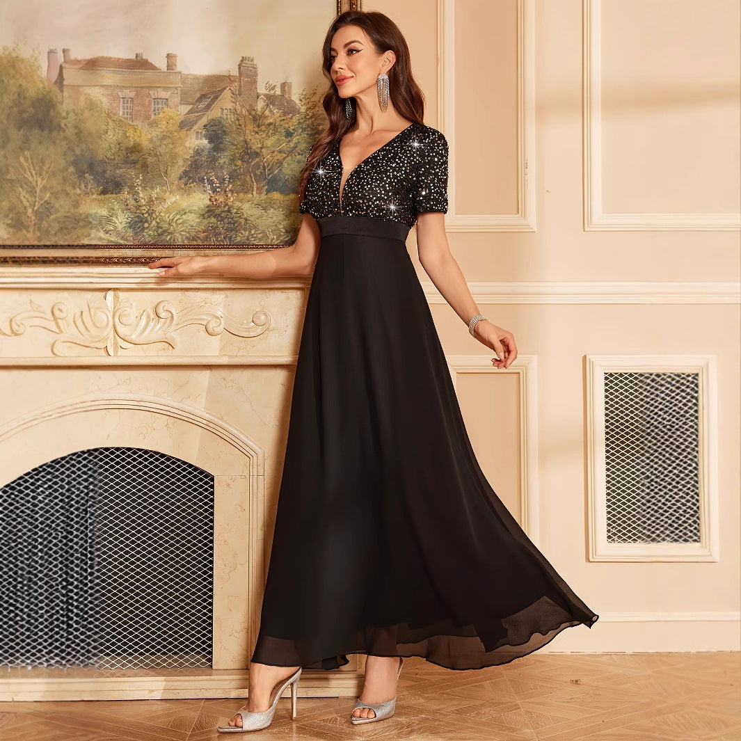 Robe longue à fines bretelles élégante noire à sequins pour femme