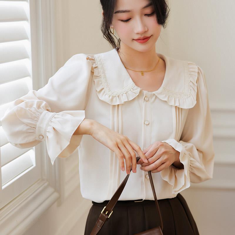 Doll Collar Long Sleeve Shirt with Ruffles in Creamy White and Brown