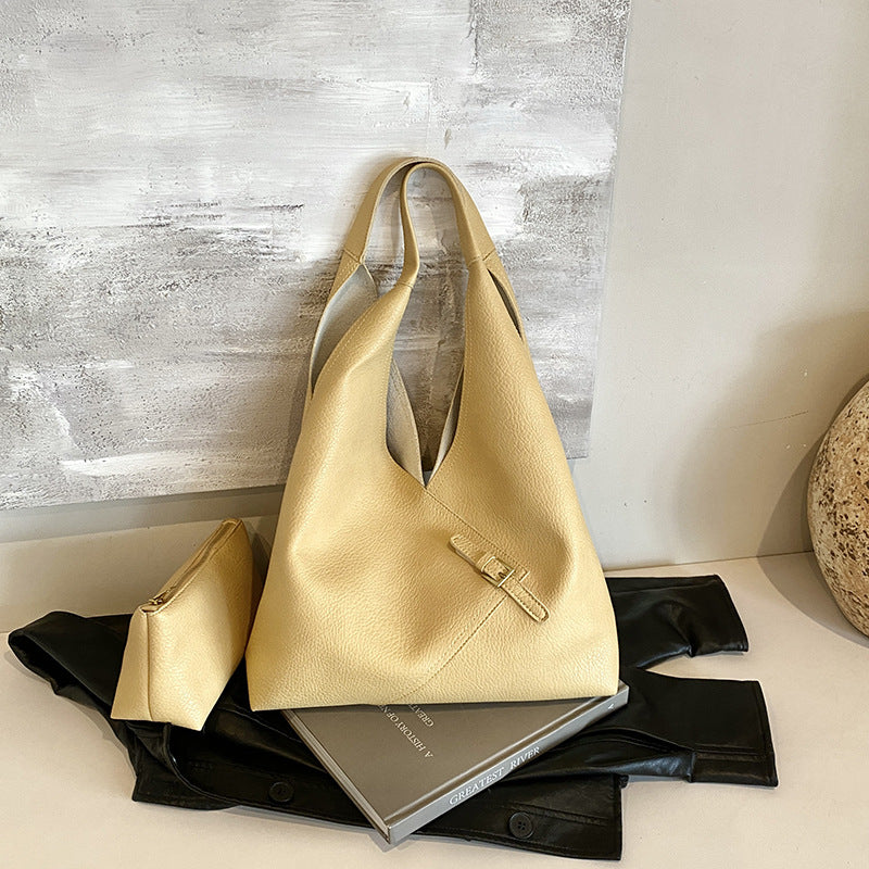 Fashionable Solid Color Soft Leather Underarm Bag Simple Large Capacity