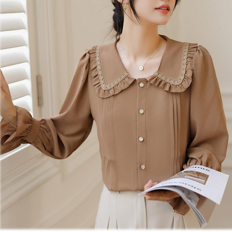 Doll Collar Long Sleeve Shirt with Ruffles in Creamy White and Brown