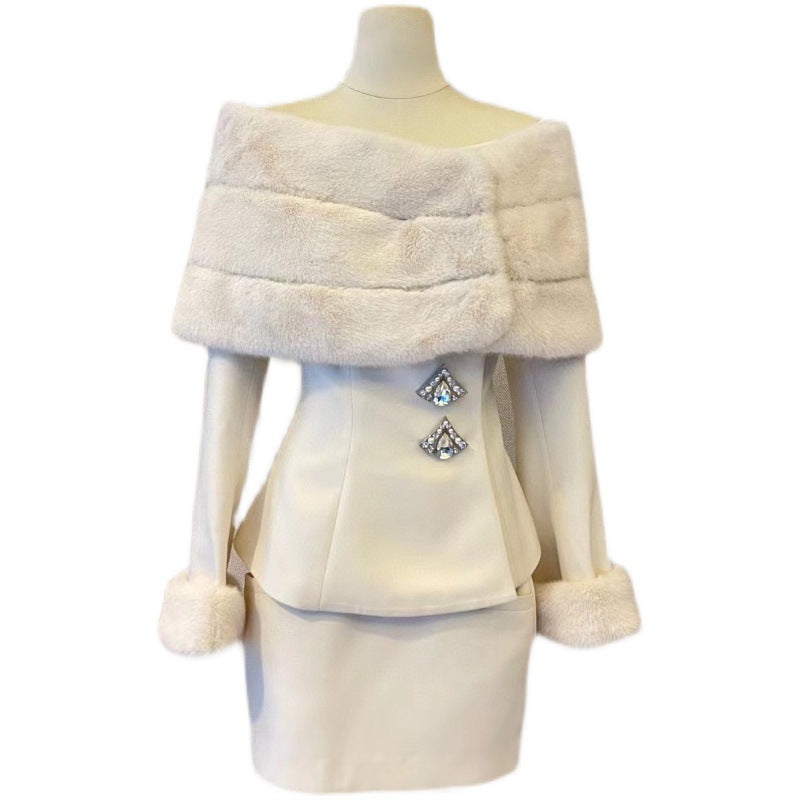 Early Spring Off-Shoulder Fur Short Coat and Skirt Set